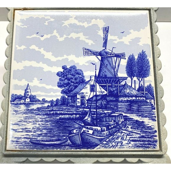 Vintage Dutch Windmill Trivet Countryside Boats Blue White Tile Made in Japan - Picture 2 of 12